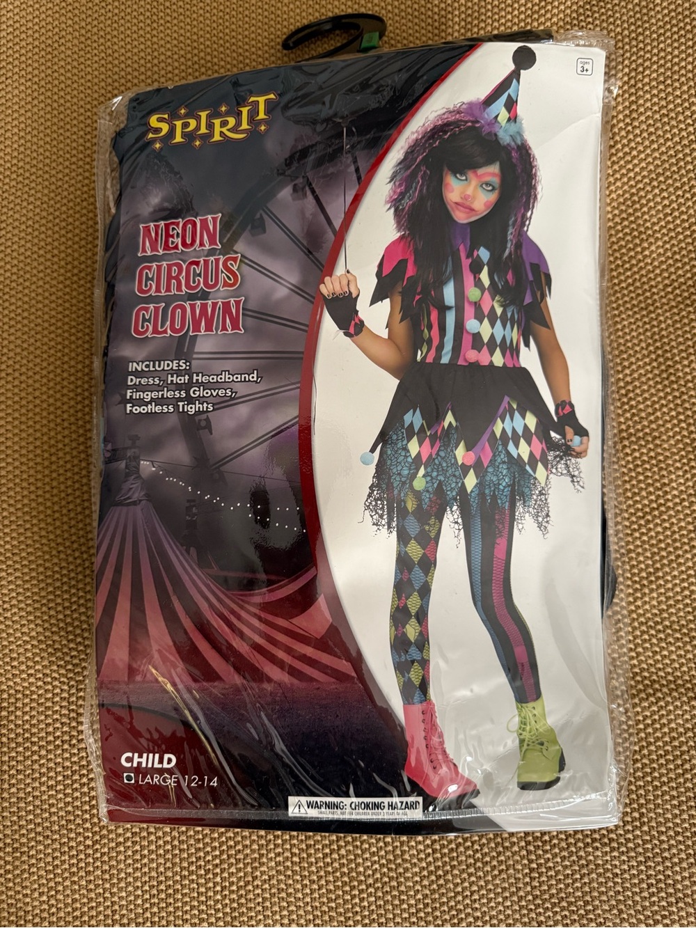 Spirit Neon Circus Clown Costume in Black with Pink, Blue, Green & Purple